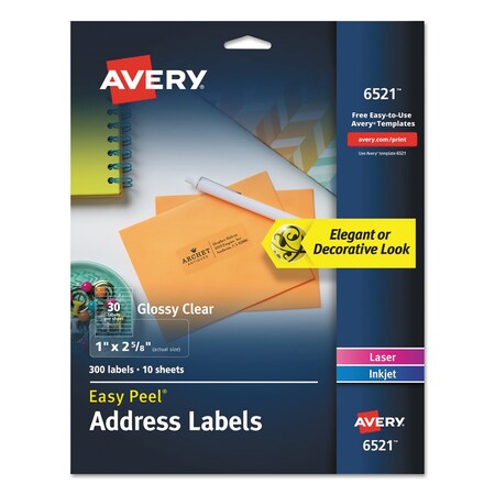 Avery Glossy Clear Easy Peel Mailing Labels, Inkjet/Laser, 1x2.63, PK300 06521